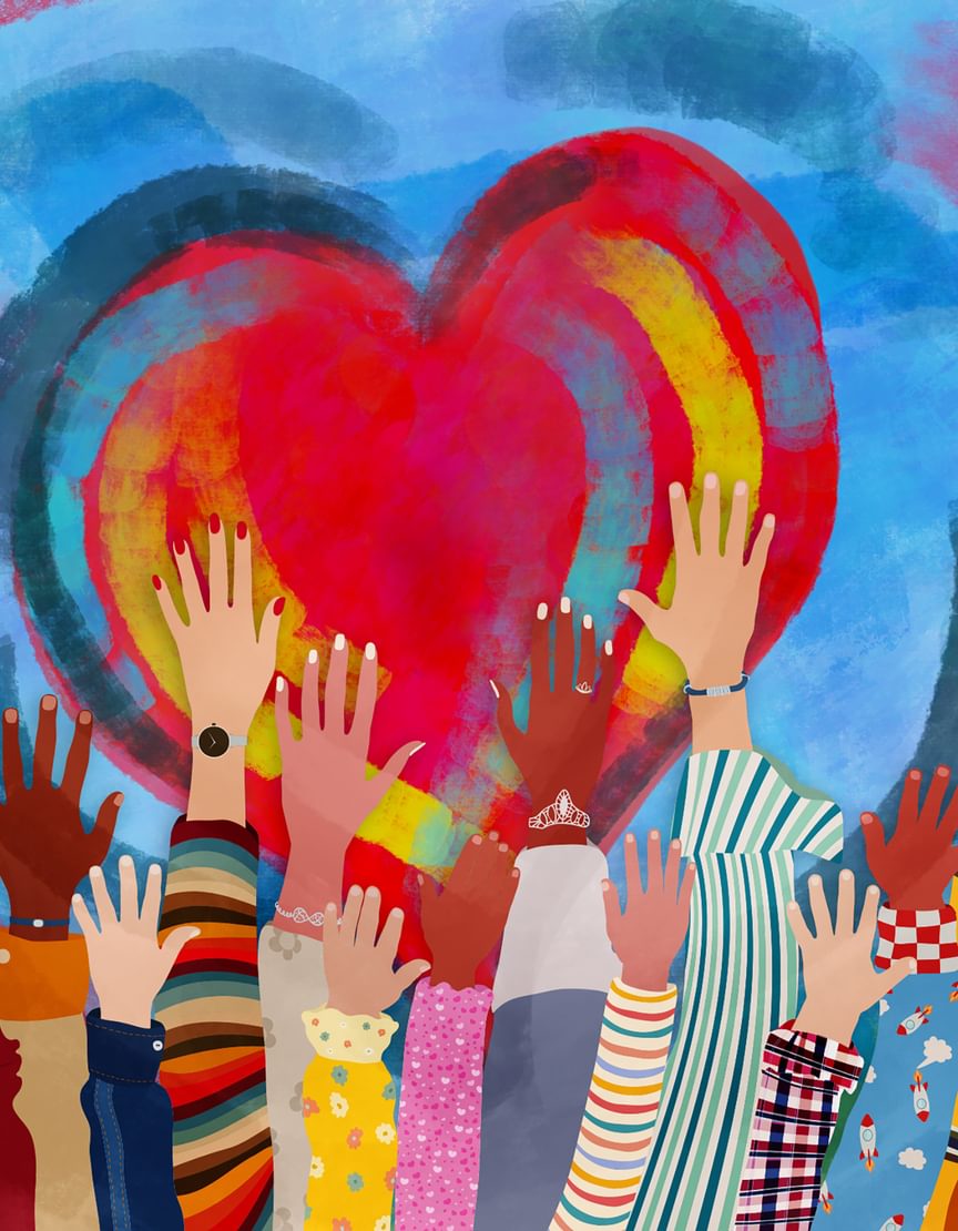 illustration of friendship, hands and hearts